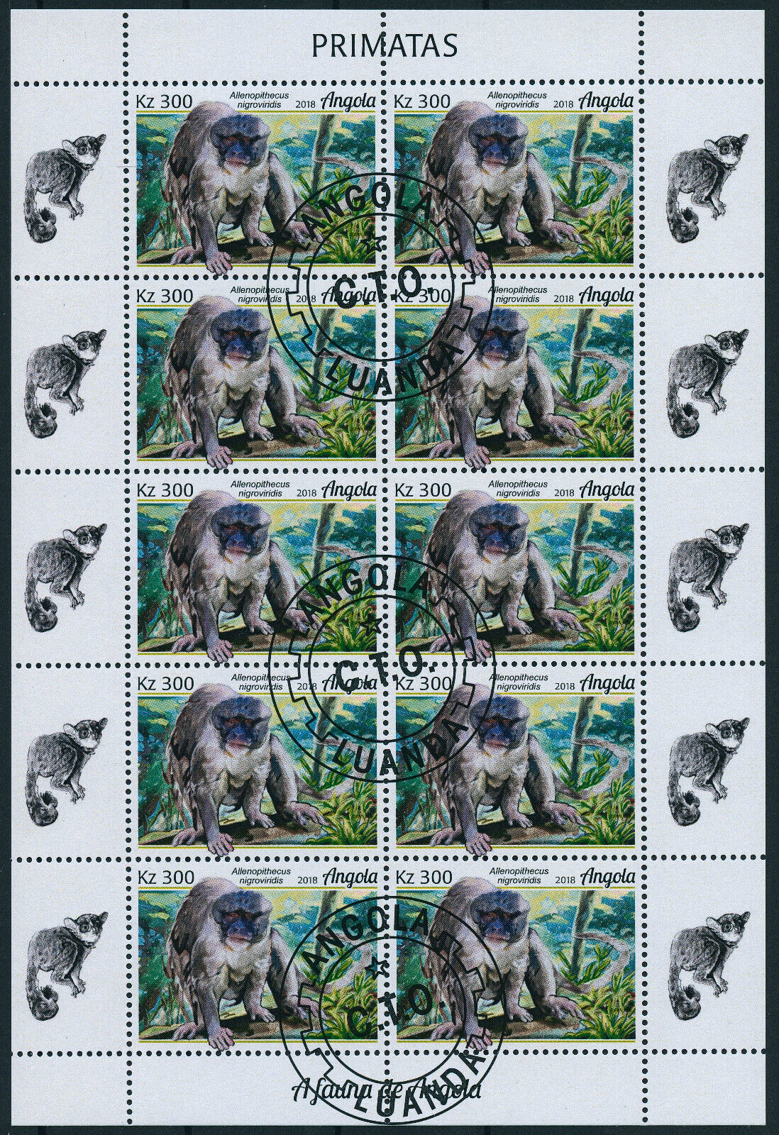 Angola 2018 CTO Wild Animals Stamps Primates Monkeys Bushbaby Mangabey 4x 10v MS