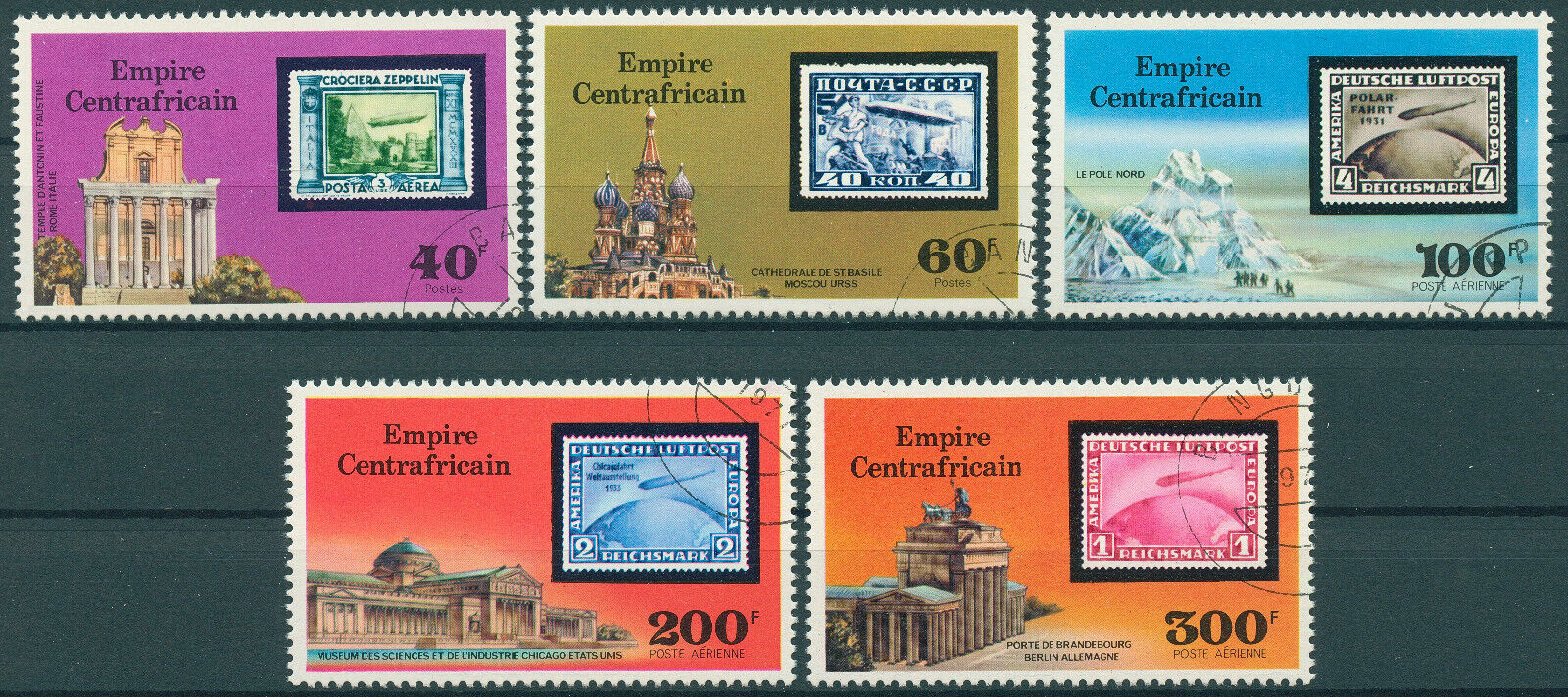 Central African Empire 1977 CTO Zeppelins Stamps SOS Stamps-on-Stamps 5v Set