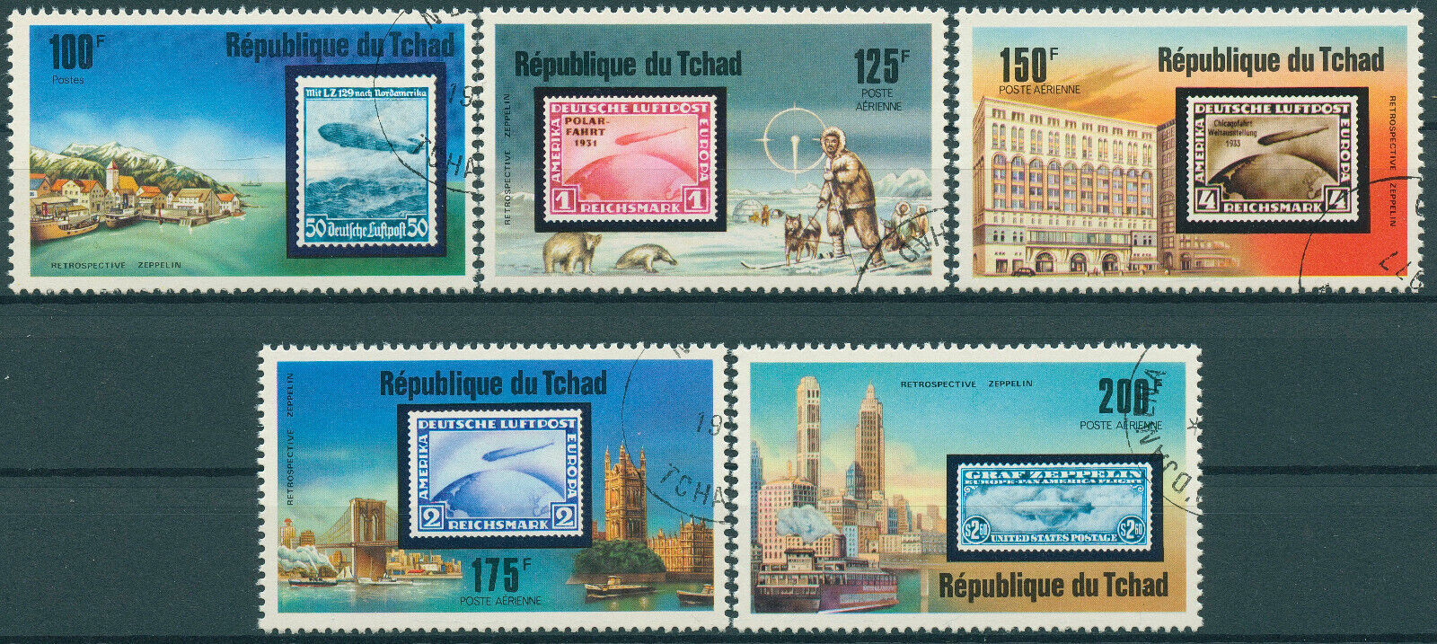 Chad 1977 CTO Aviation Stamps Zeppelins Flight Stamps-on-Stamps SOS 5v Set