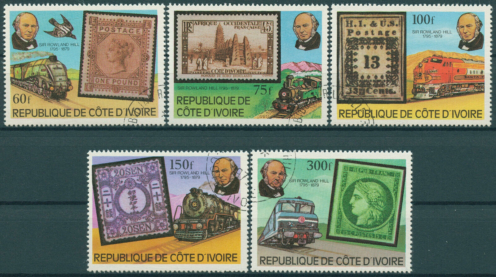 Ivory Coast 1979 CTO Trains Stamps Sir Rowland Hill Stamps-on-Stamps Rail 5v Set