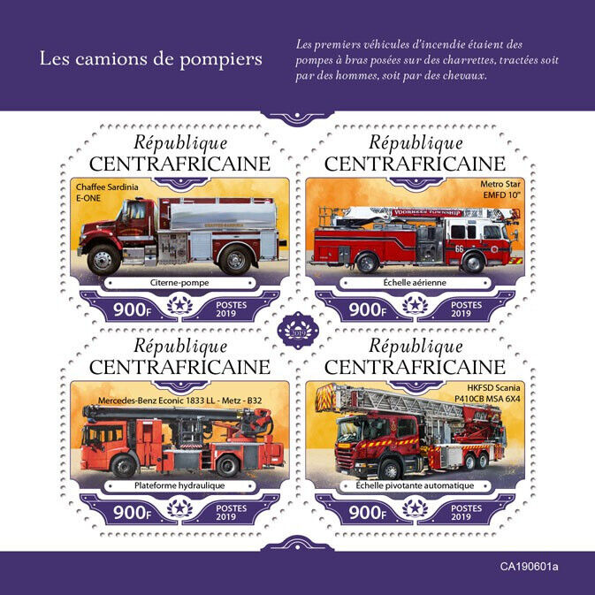 Central African Rep 2019 MNH Fire Engines Stamps Scania Special Transport 4v M/S