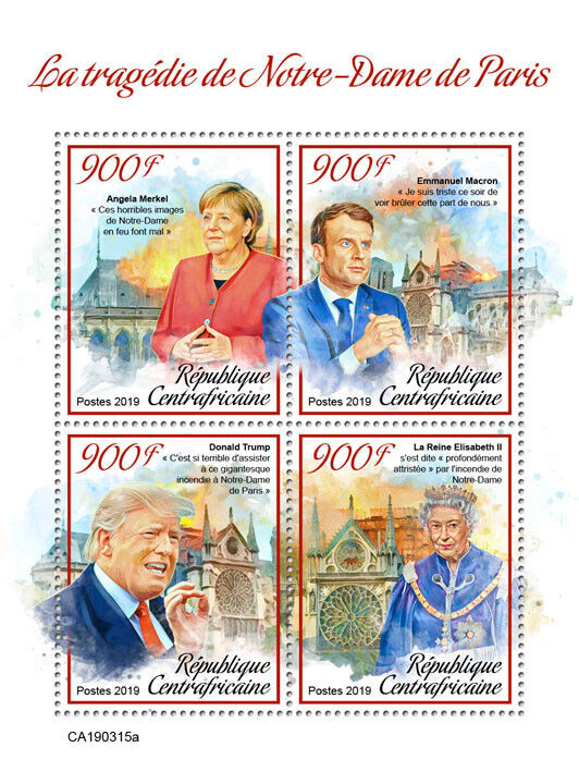 Central African Rep 2019 MNH Donald Trump Stamps Notre-Dame Merkel Macron 4v M/S