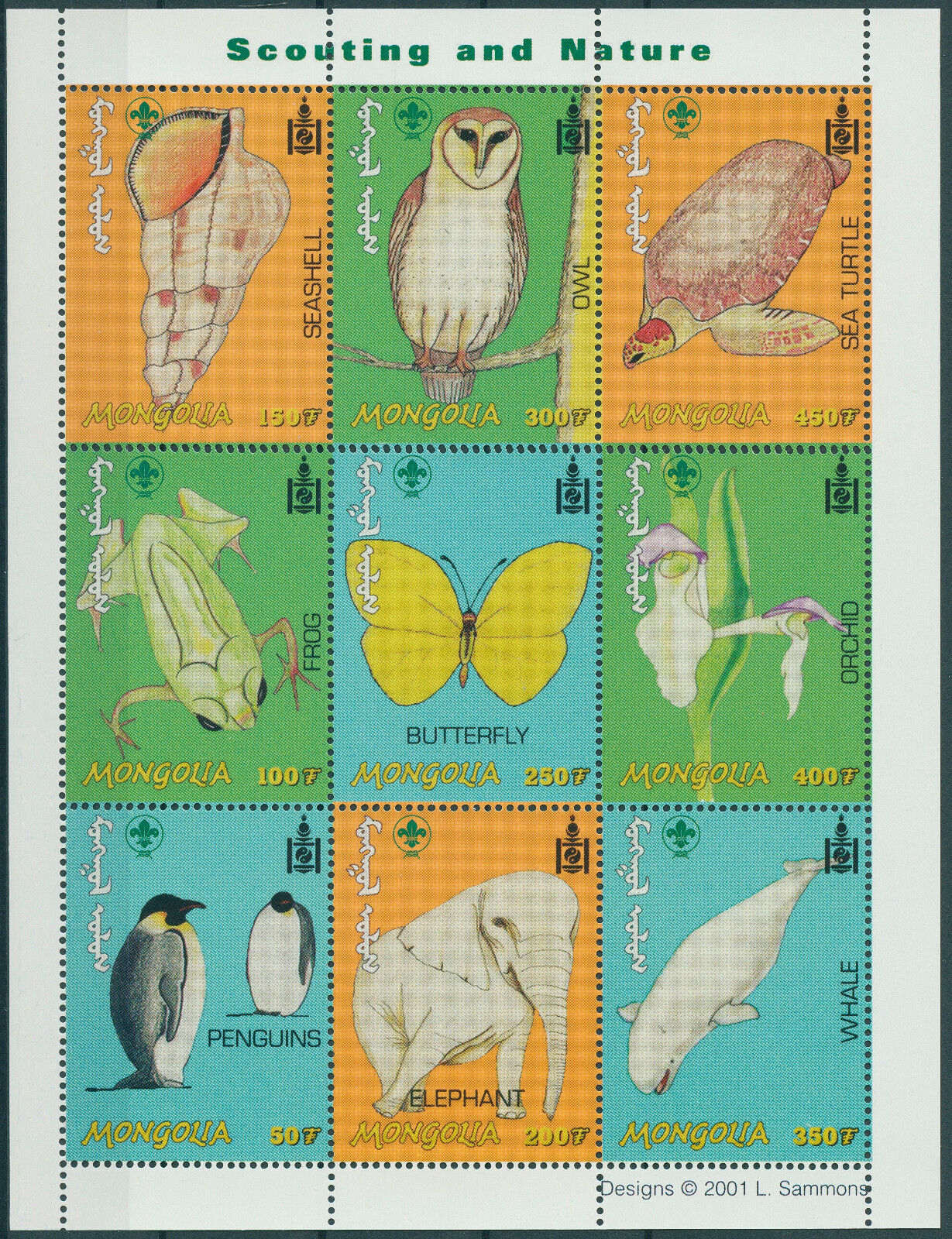 Mongolia 2001 MNH Scouting Stamps Nature Penguins Elephants Owls Butterfly 9v MS