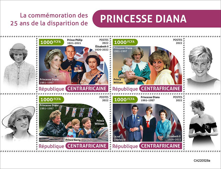 Central African Rep 2022 MNH Royalty Stamps Princess Diana Charles III 4v M/S