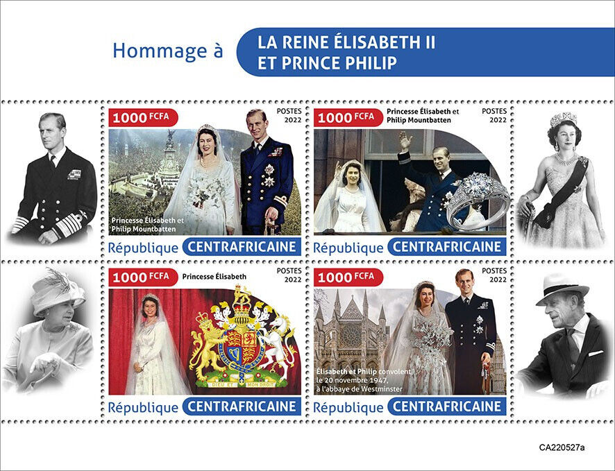 Central African Rep 2022 MNH Royalty Stamps Queen Elizabeth II & Philip 4v M/S