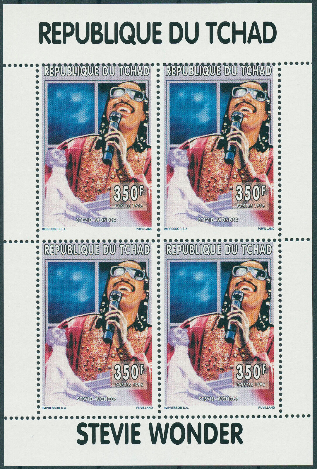 Chad 1996 MNH Music Stamps Stevie Wonder Singers 4v M/S