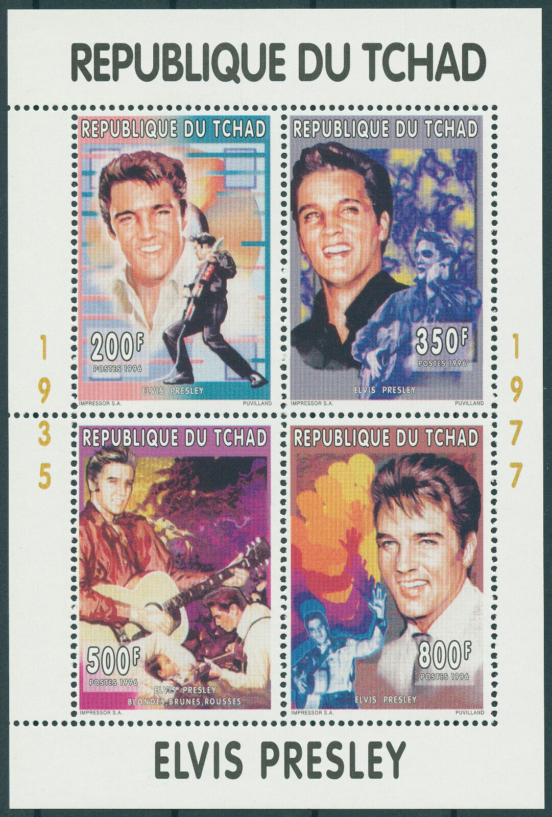 Chad 1996 MNH Elvis Presley Stamps Celebrities Singers Famous People 4v M/S