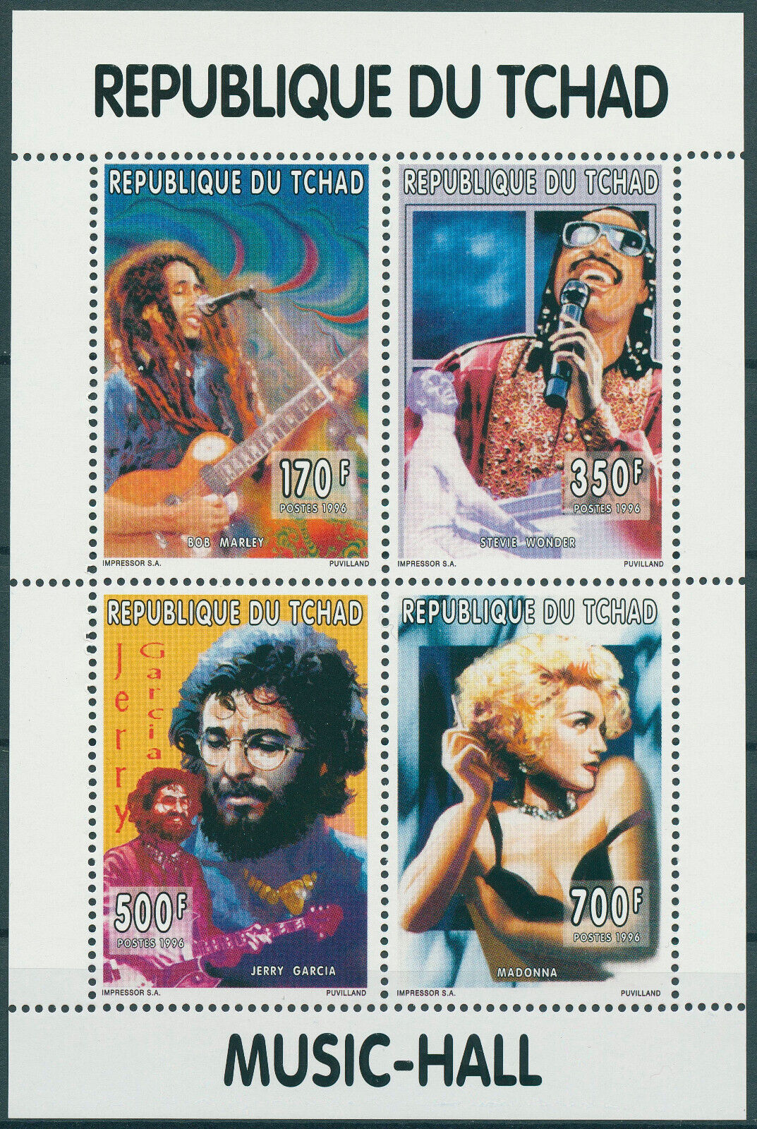 Chad 1996 MNH Music Stamps Madonna Bob Marley Jerry Garcia Singers 4v M/S