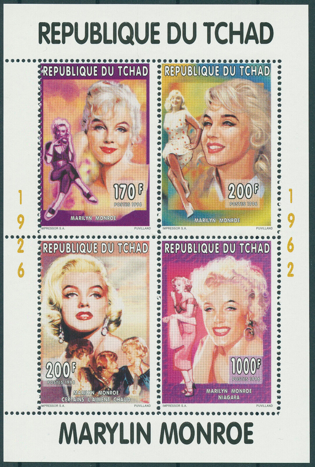 Chad 1996 MNH Marilyn Monroe Stamps Celebrities Actresses Famous People 4v M/S