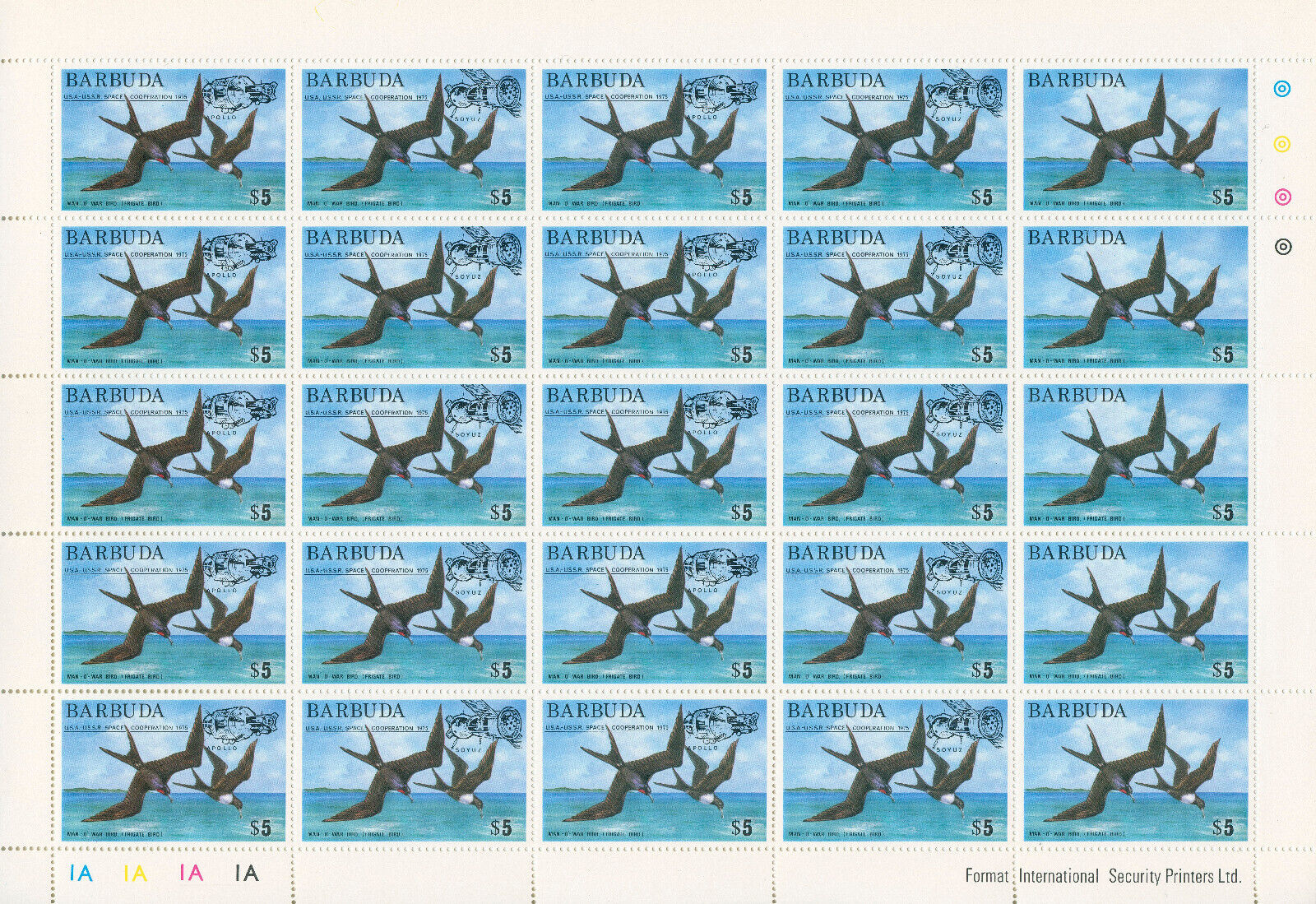 Barbuda 1975 MNH Birds on Stamps Frigatebird Apollo Soyuz OVPT Space 25v M/S