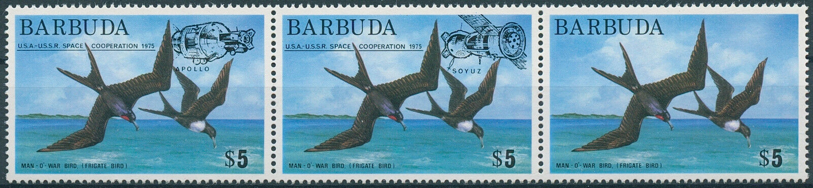 Barbuda 1975 MNH Birds on Stamps Frigatebird Apollo Soyuz OVPT Space 3v Set