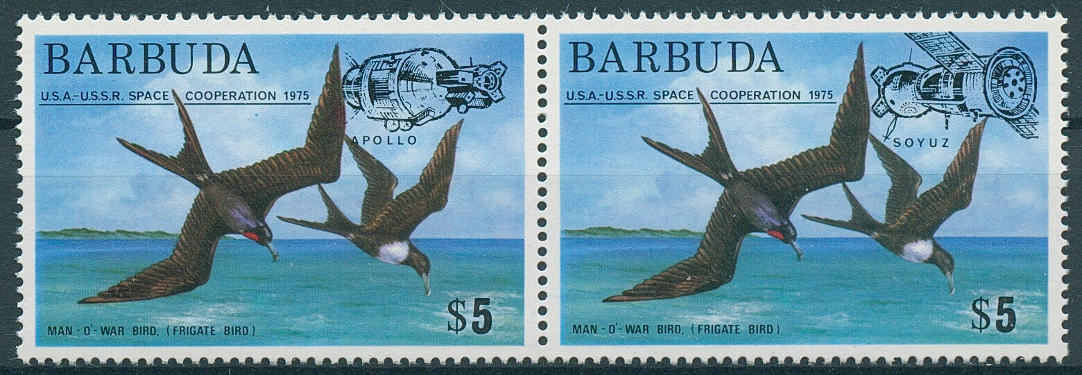 Barbuda 1975 MNH Birds on Stamps Frigatebird Apollo Soyuz OVPT Space 2v Set