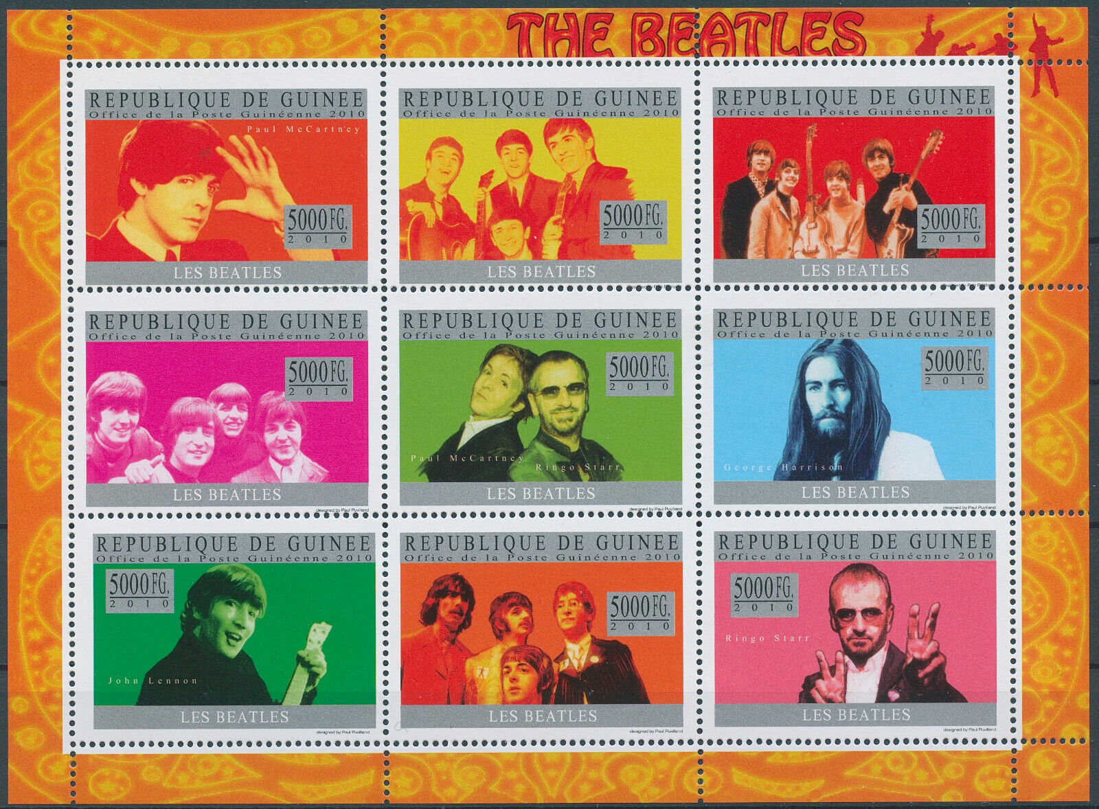 Guinea 2010 MNH Music Stamps The Beatles Singers John Lennon McCartney 9v M/S