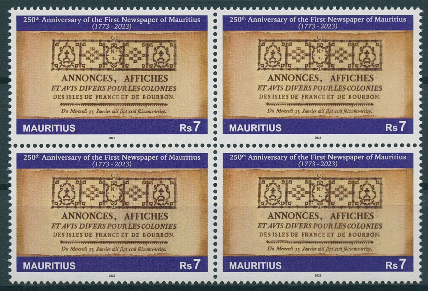 Mauritius 2023 MNH Newspapers Stamps First Newspaper 250th Anniv 4v Block