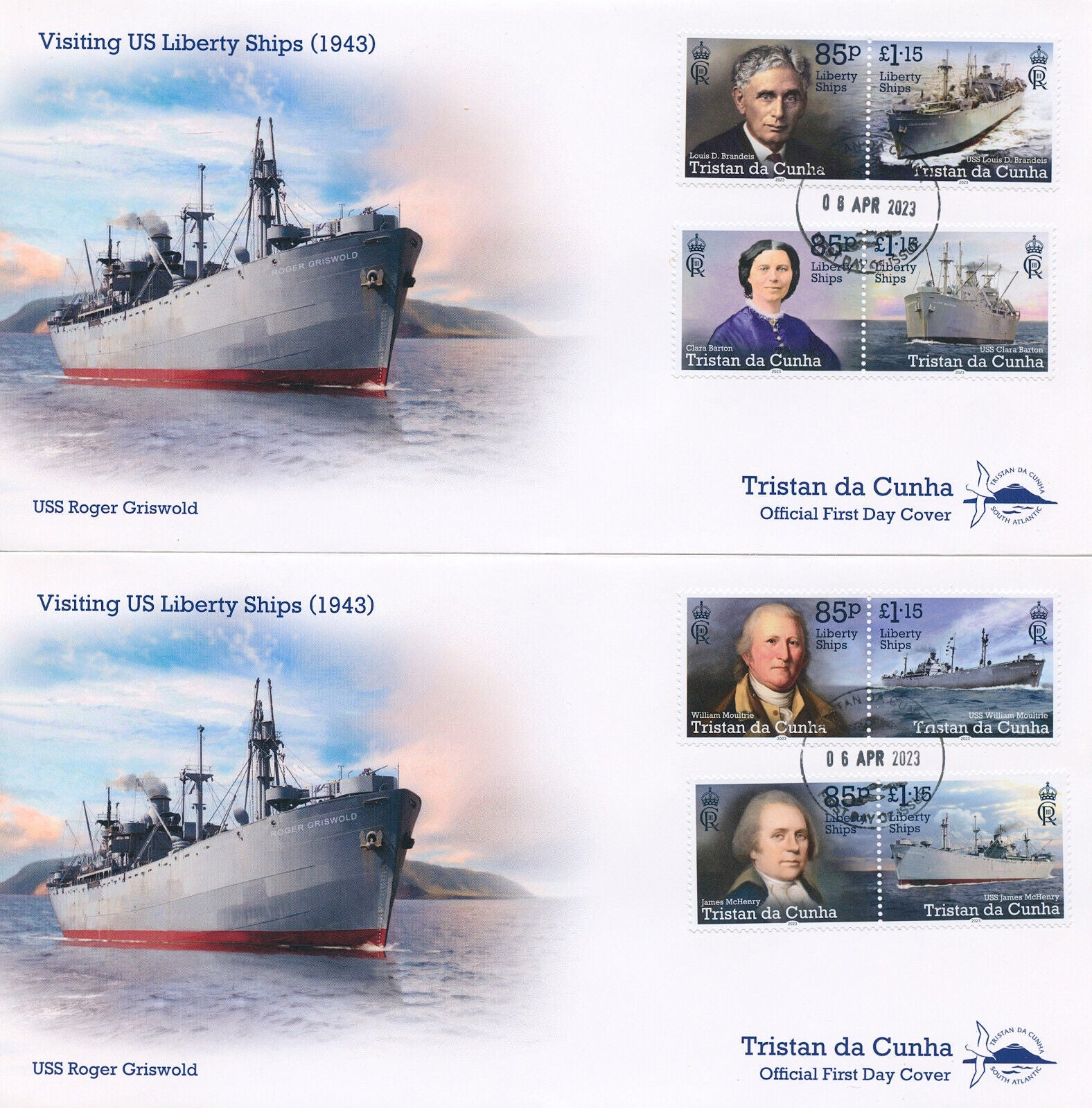 Tristan da Cunha 2023 FDC Liberty Ships Stamps WWII Nautical Clara Barton 8v Set