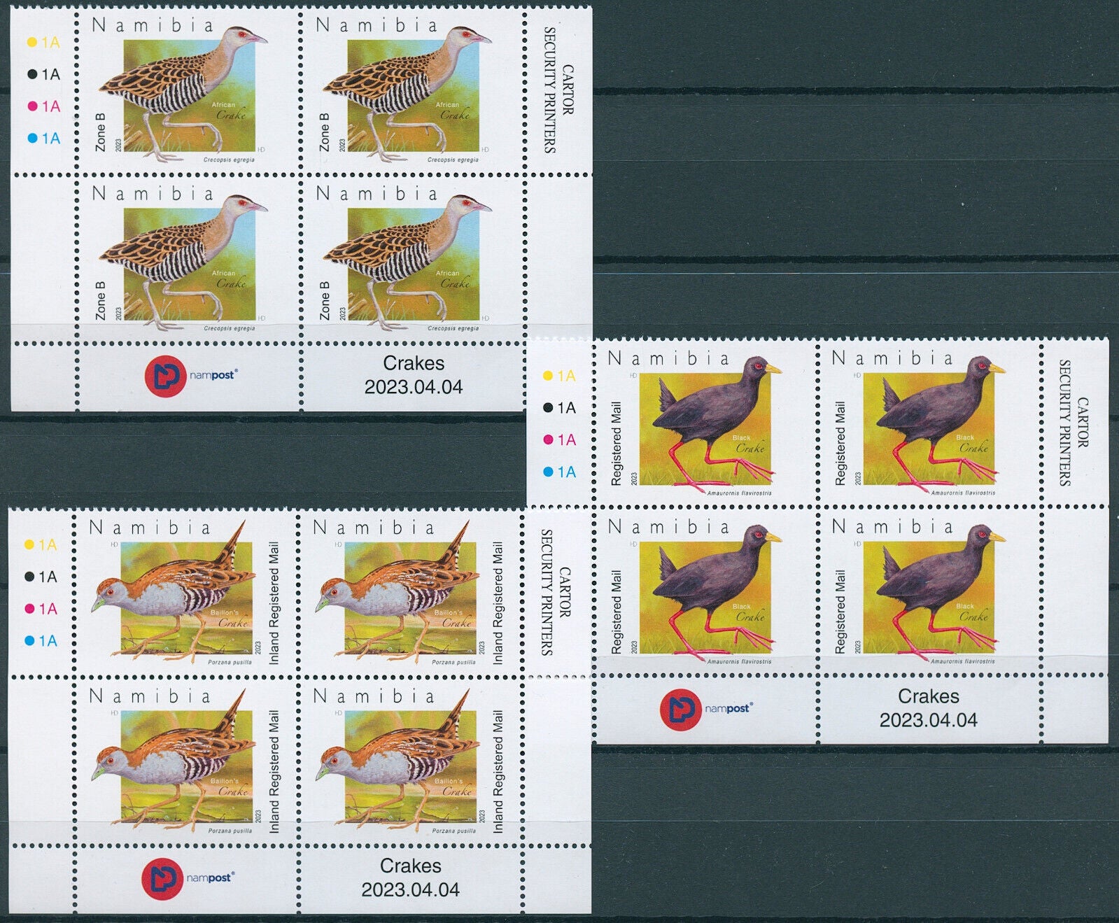Namibia 2023 MNH Birds on Stamps Crakes Black African Crake 3x 4v Control Blocks
