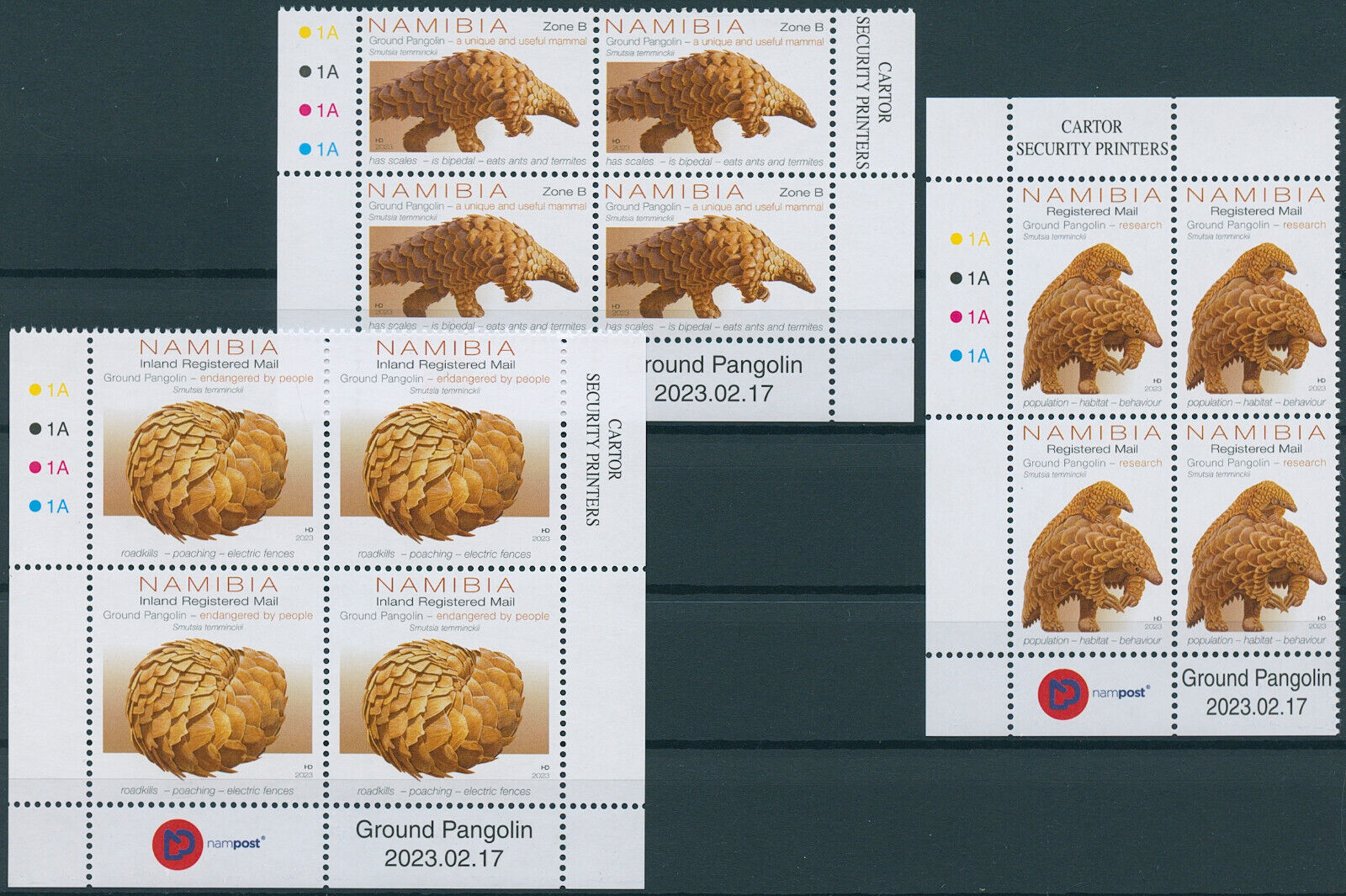 Namibia 2023 MNH Wild Animals Stamps Pangolins Ground Pangolin 3x Control Blocks