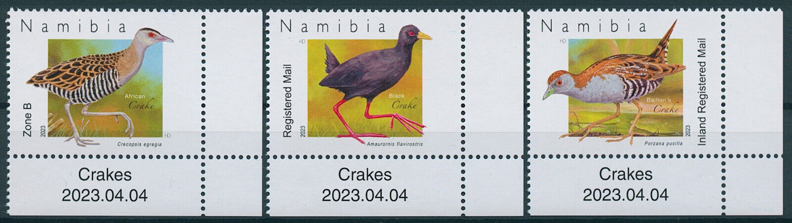 Namibia 2023 MNH Birds on Stamps Crakes Black African Crake 3v Set + Selvedge