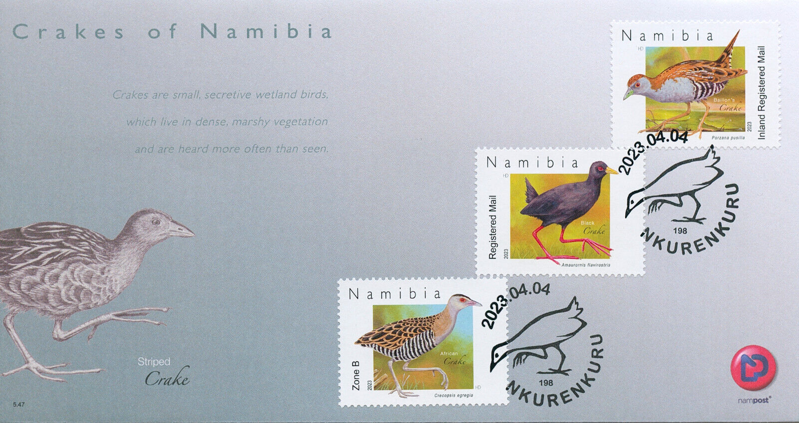 Namibia 2023 FDC Birds on Stamps Crakes Black African Crake 3v Set