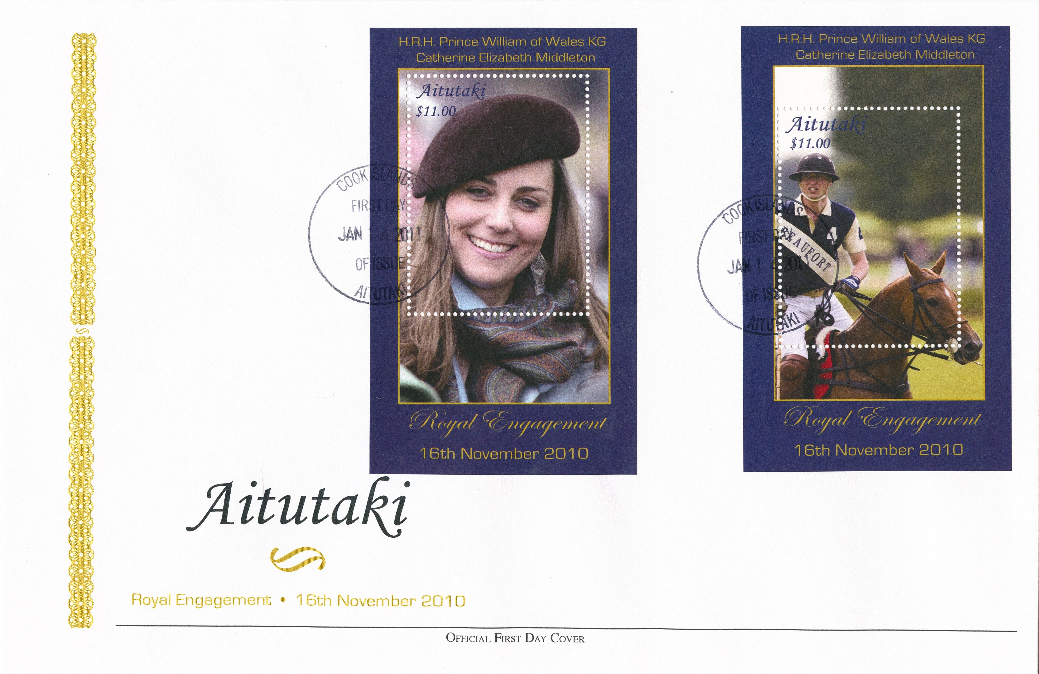 Aitutaki 2011 FDC Royal Engagement 2v Deluxe Sheet Cover Prince William Kate