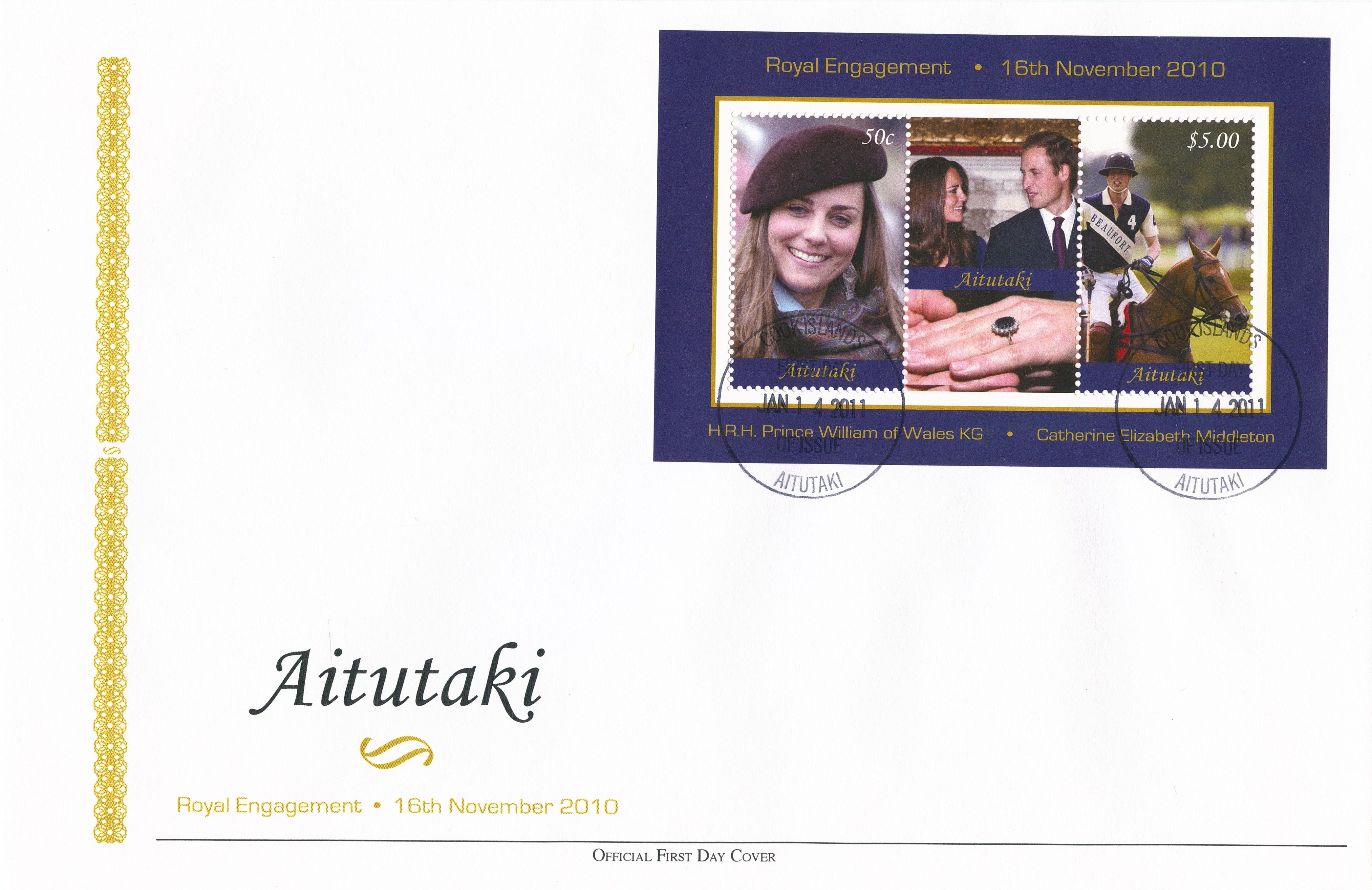Aitutaki 2011 FDC Royal Engagement 2v Sheet Cover Prince William Kate Middleton
