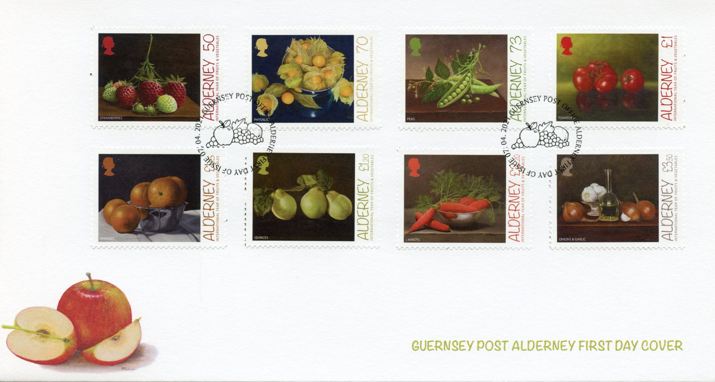 Alderney 2021 FDC Nature Stamps Intl Year Fruit & Vegetables Fruits Oranges Peas 8v Set