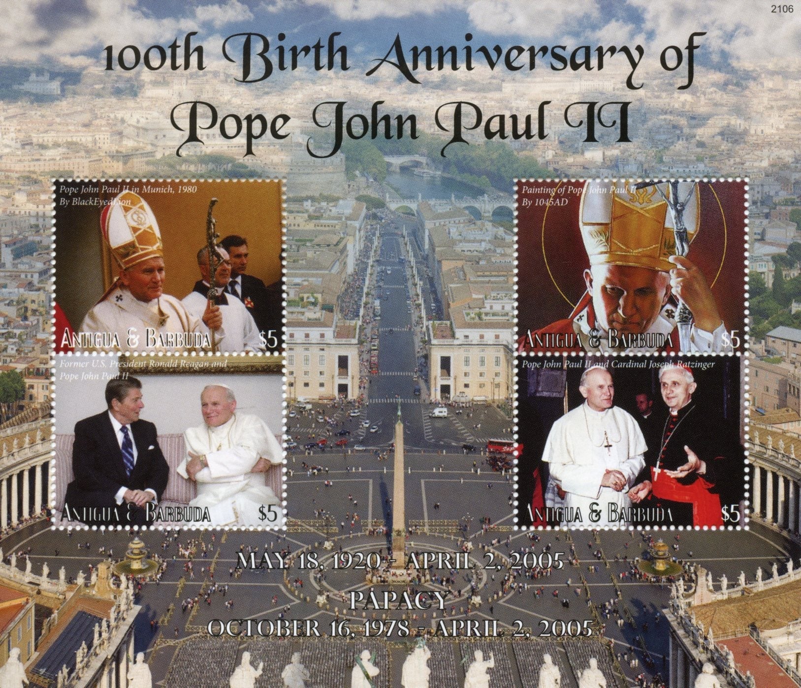 Antigua & Barbuda 2021 MNH Pope John Paul II Stamps Religion Ronald Reagan 4v M/S