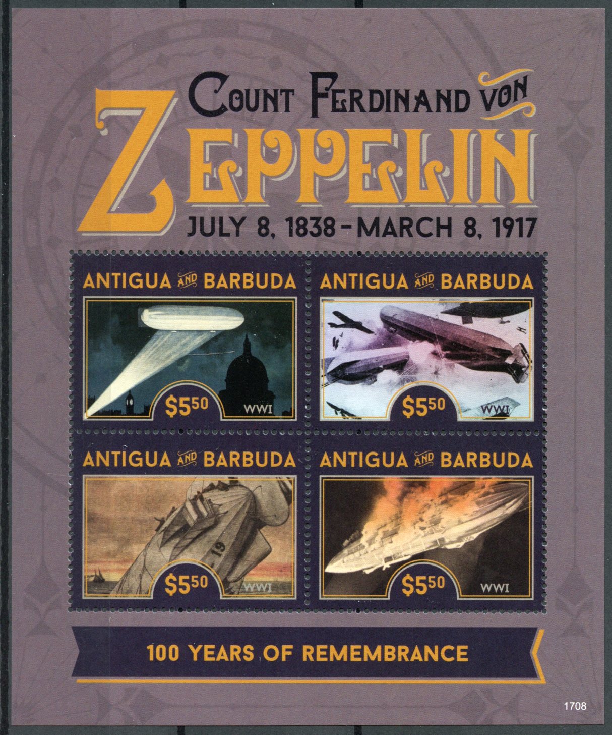 Antigua & Barbuda 2017 MNH Count Von Zeppelin 4v M/S Zeppelins WWI Stamps