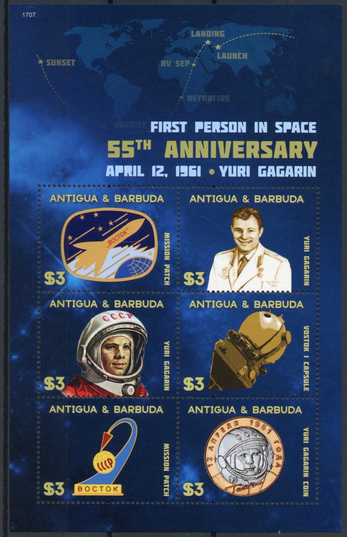 Antigua & Barbuda 2017 MNH Yuri Gagarin 1st Person Space 55th Ann 6v M/S Stamps