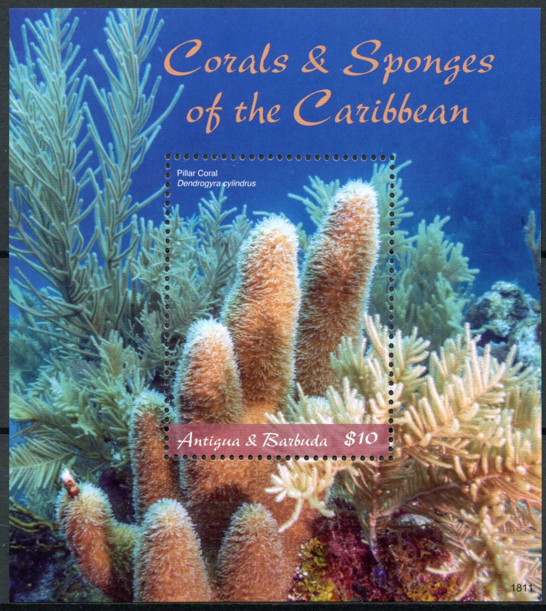 Antigua & Barbuda 2018 MNH Corals & Sponges Pillar Coral 1v S/S Marine Stamps