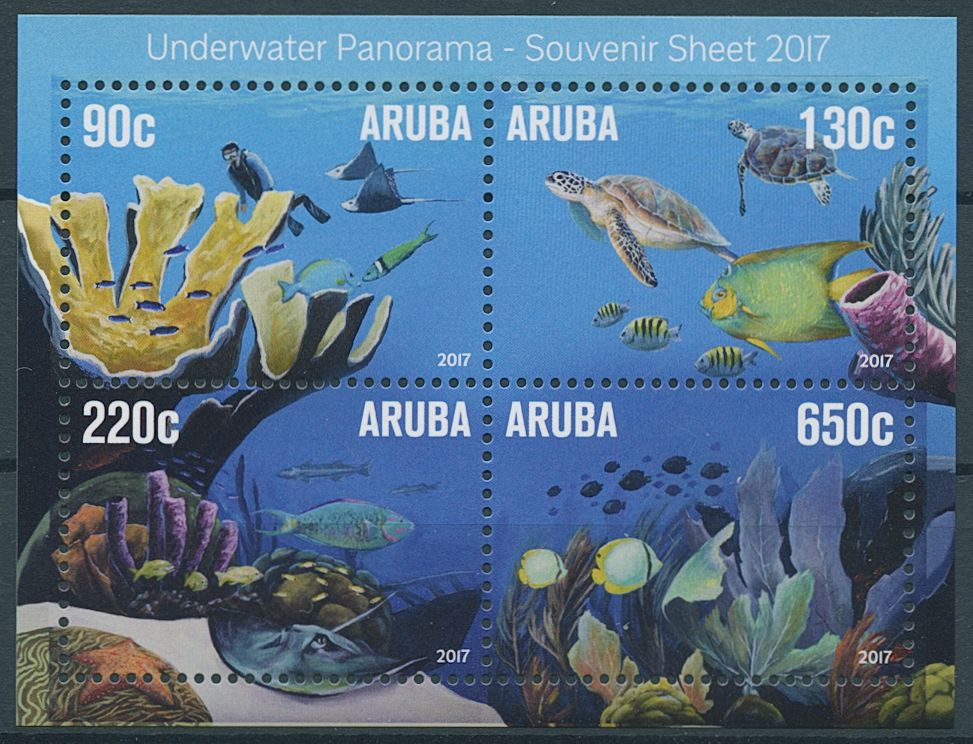 Aruba 2017 MNH Fish Stamps Underwater Panorama Fishes Coral Turtles 4v M/S