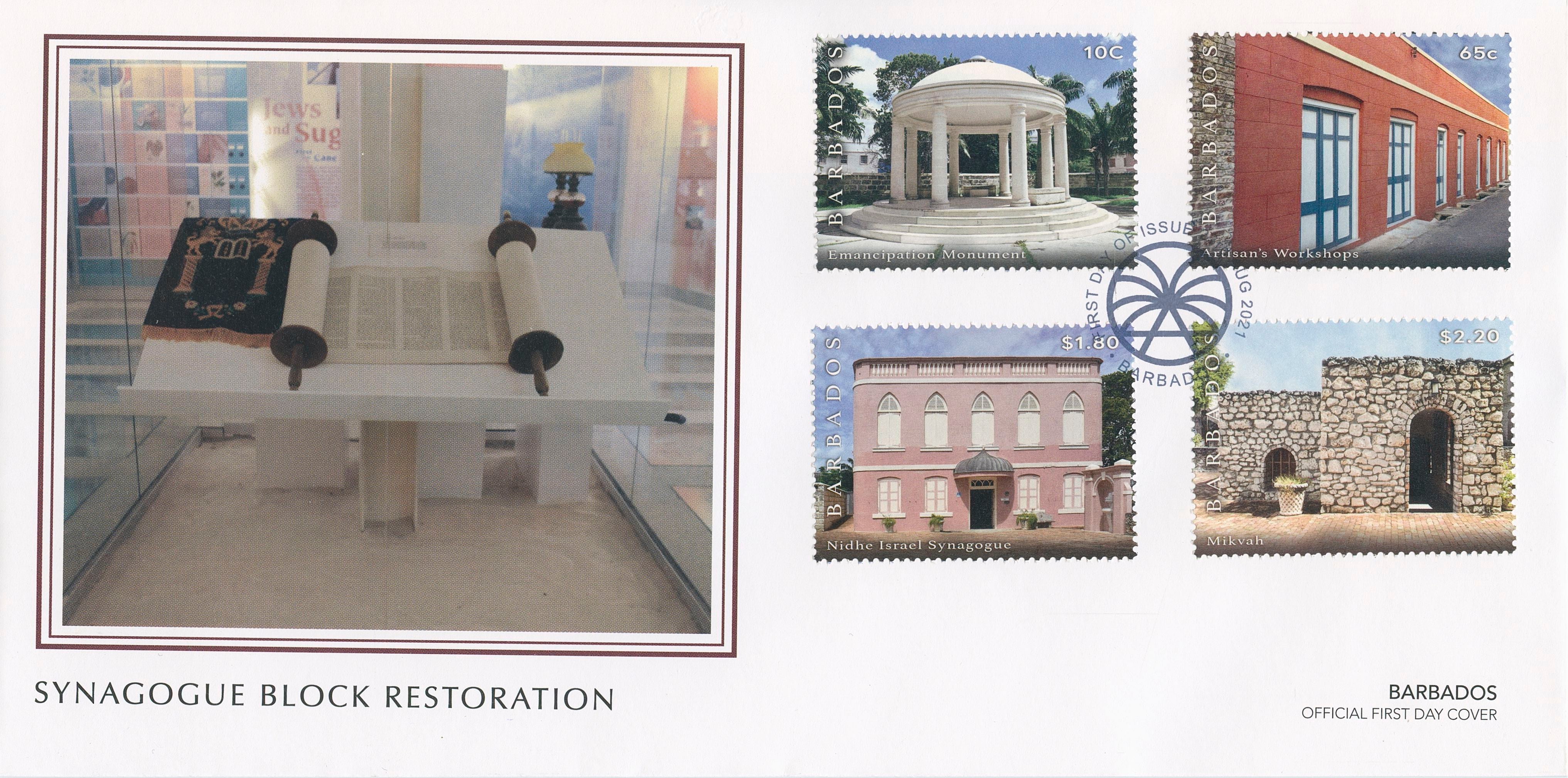 Barbados 2021 FDC Architecture Stamps Synagogue Block Restoration Religion 4v Set