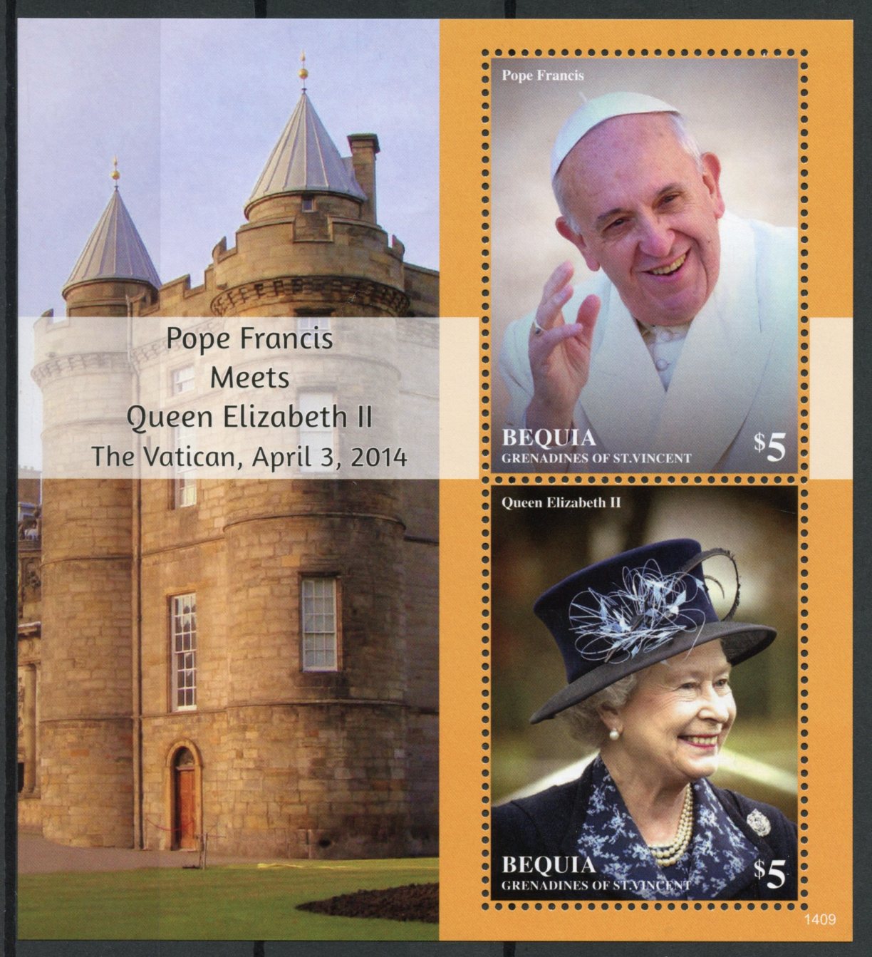 Bequia Grenadines St Vincent 2014 MNH Pope Francis Queen Elizabeth II 2v S/S I