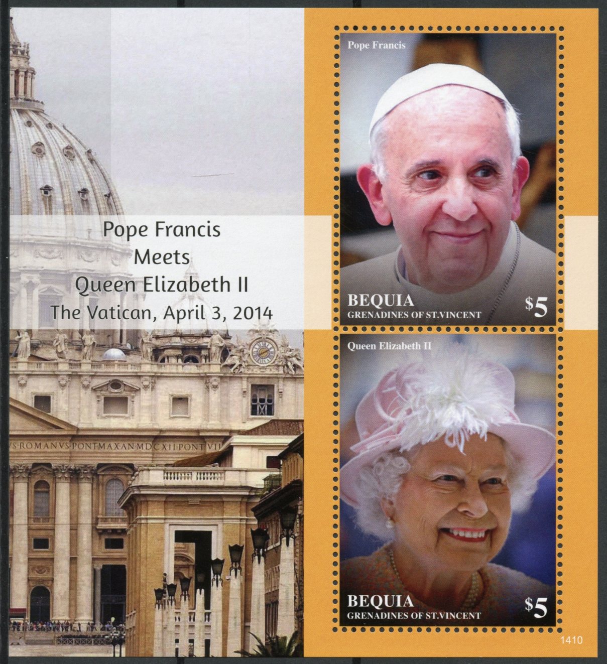 Bequia Gren St Vincent 2014 MNH Religion Stamps Pope Francis Queen Elizabeth II 2v S/S II