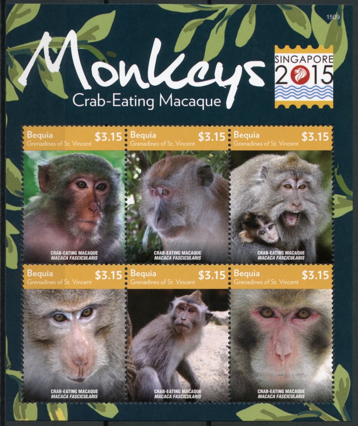 Bequia Gren St Vincent 2015 MNH Monkeys Macaque Singapore 2015 6v M/S Stamps