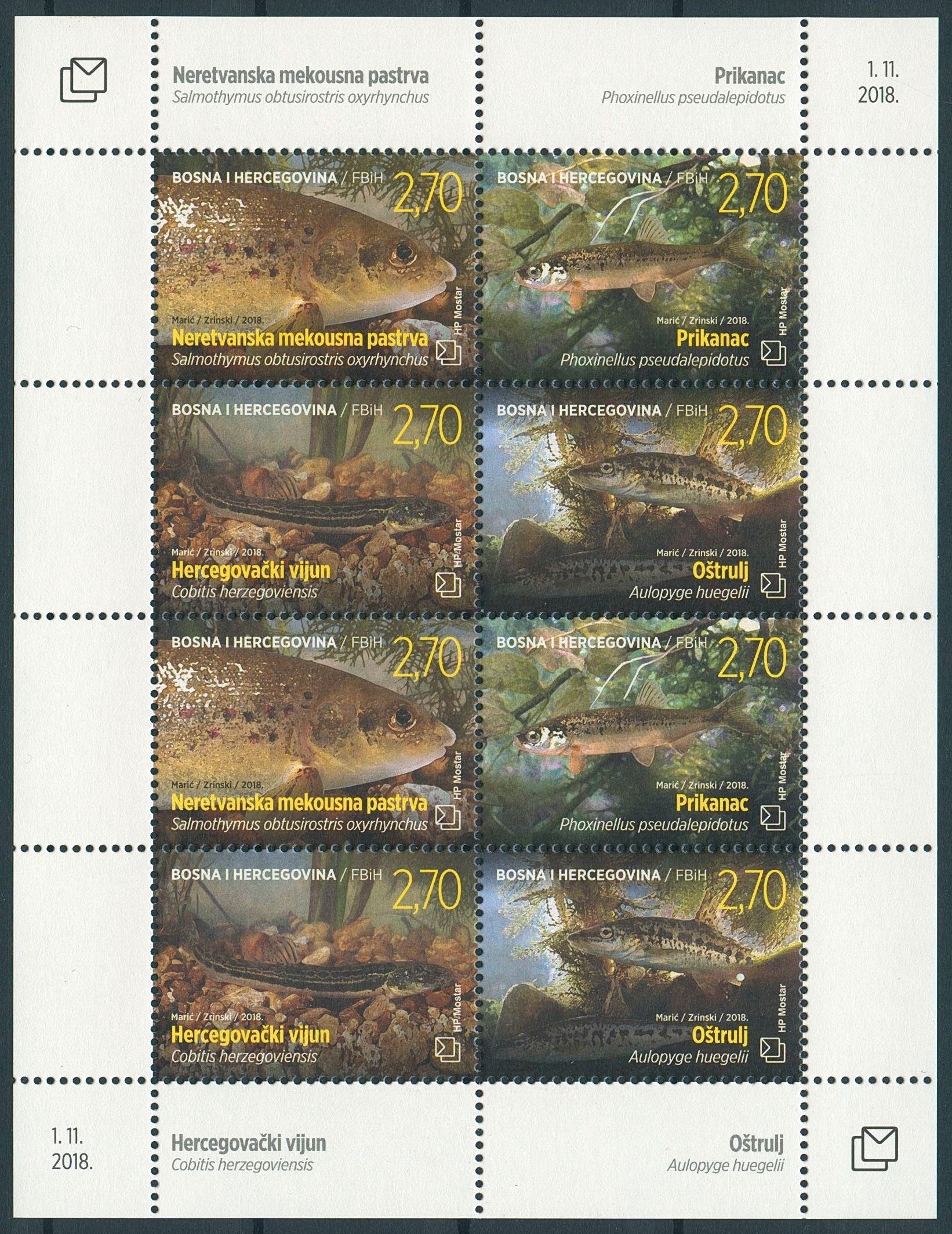 Bosnia & Herzegovina 2018 MNH Fauna Freshwater Fish 8v M/S Fishes Stamps