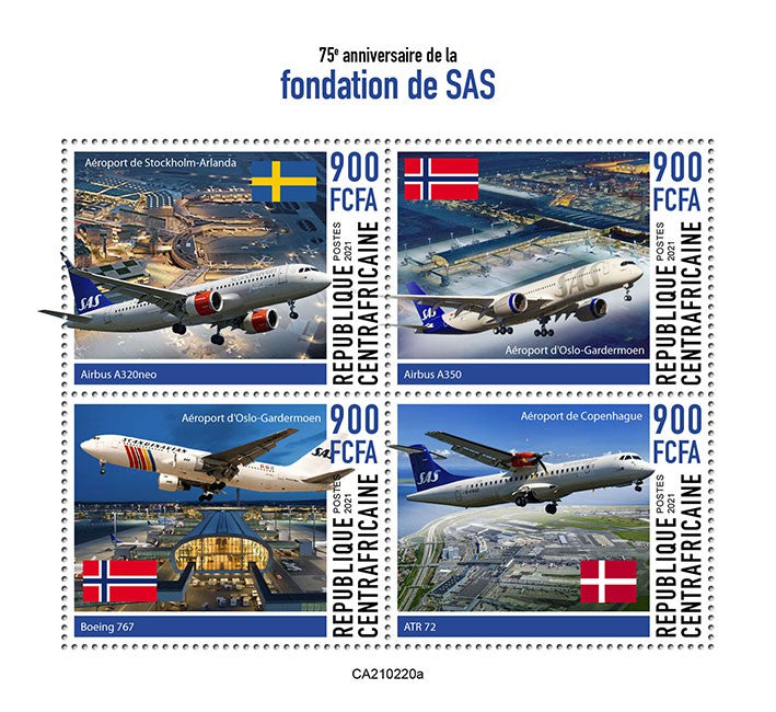 Central African Rep 2021 MNH Aviation Stamps SAS Scandinavian Airlines Aircraft 4v M/S