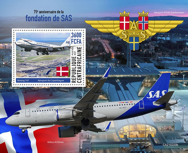 Central African Rep 2021 MNH Aviation Stamps SAS Scandinavian Airlines Aircraft 1v S/S