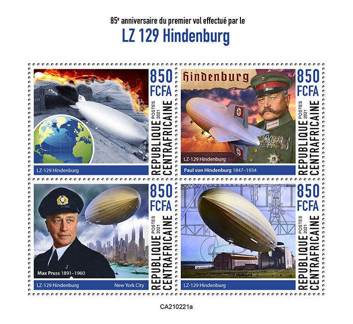 Central African Rep 2021 MNH Aviation Stamps 1st Flight LZ 129 Hindenburg Zeppelins 4v M/S