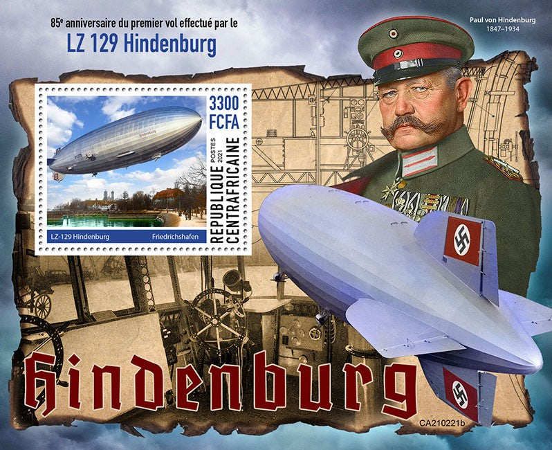 Central African Rep 2021 MNH Aviation Stamps 1st Flight LZ 129 Hindenburg Zeppelins 1v S/S