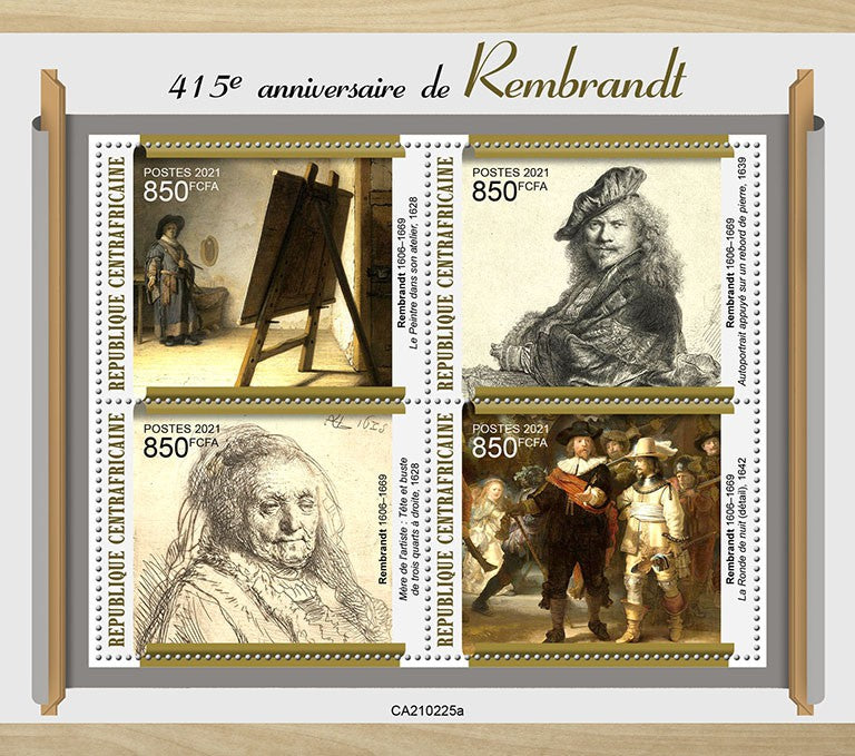 Central African Rep 2021 MNH Art Stamps Rembrandt Paintings Night Watch 4v M/S