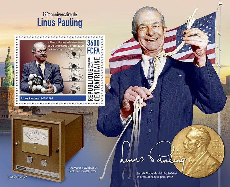 Central African Rep 2021 MNH Science Stamps Linus Pauling Chemistry Nobel Prize 1v S/S