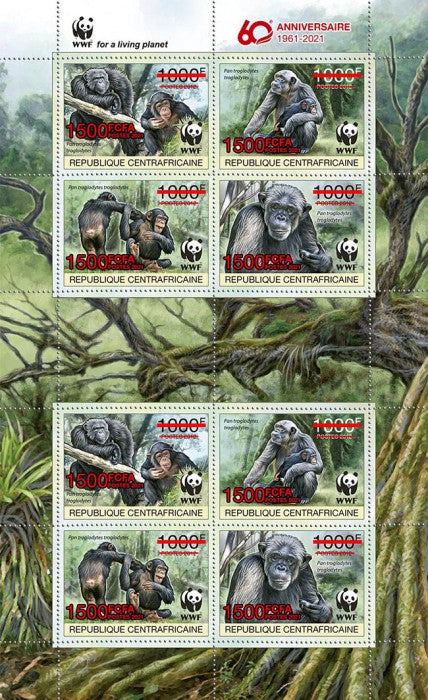 Central African Rep 2021 MNH WWF Stamps Chimpanzees Primates Red OVPT 8v M/S