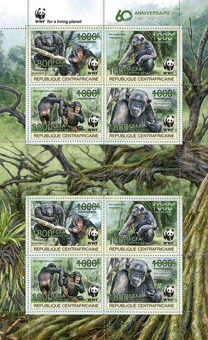 Central African Rep 2021 MNH WWF Stamps Chimpanzees Primates Green OVPT 8v M/S