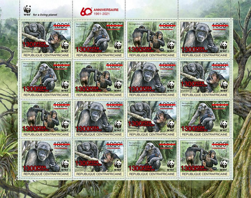 Central African Rep 2021 MNH WWF Stamps Chimpanzees Primates Red OVPT 16v M/S