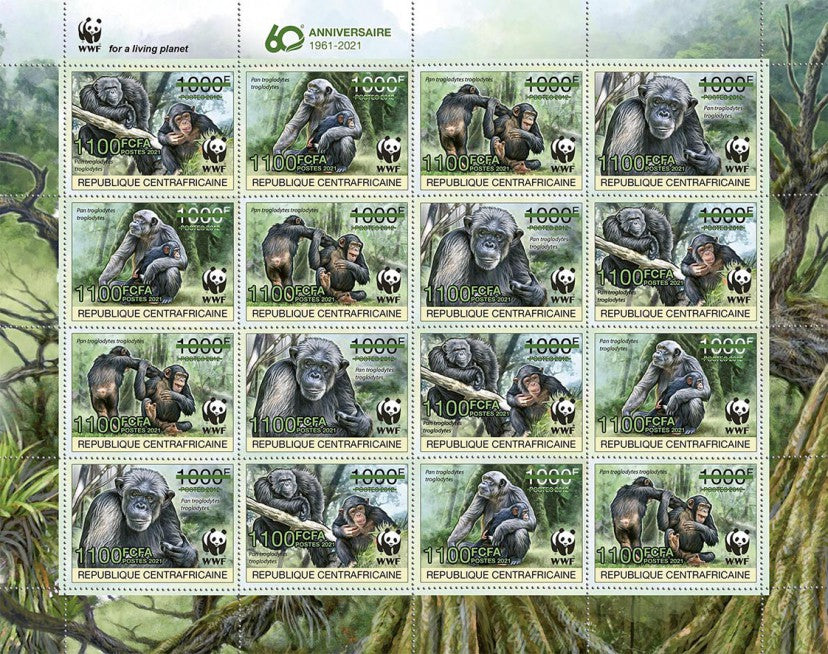 Central African Rep 2021 MNH WWF Stamps Chimpanzees Primates Green OVPT 16v M/S