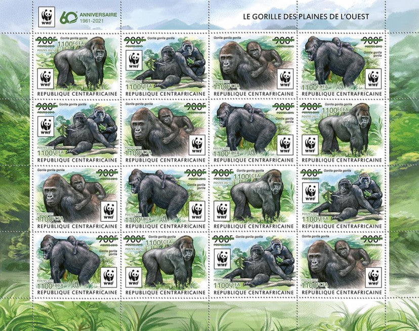Central African Rep 2021 MNH WWF Stamps Gorillas Primates Green OVPT 16v M/S