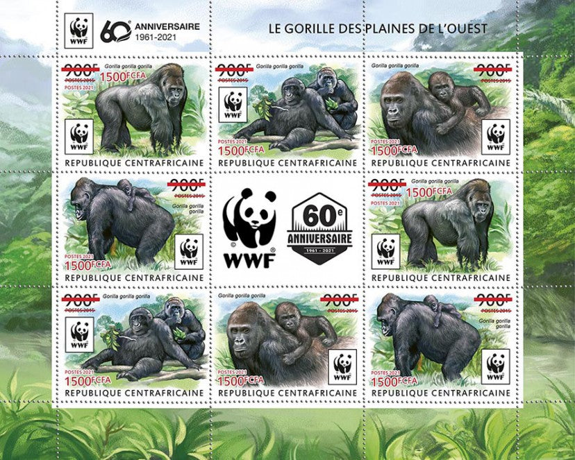 Central African Rep 2021 MNH WWF Stamps Gorillas Primates Red OVPT 8v M/S