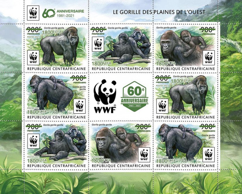 Central African Rep 2021 MNH WWF Stamps Gorillas Primates Green OVPT 8v M/S