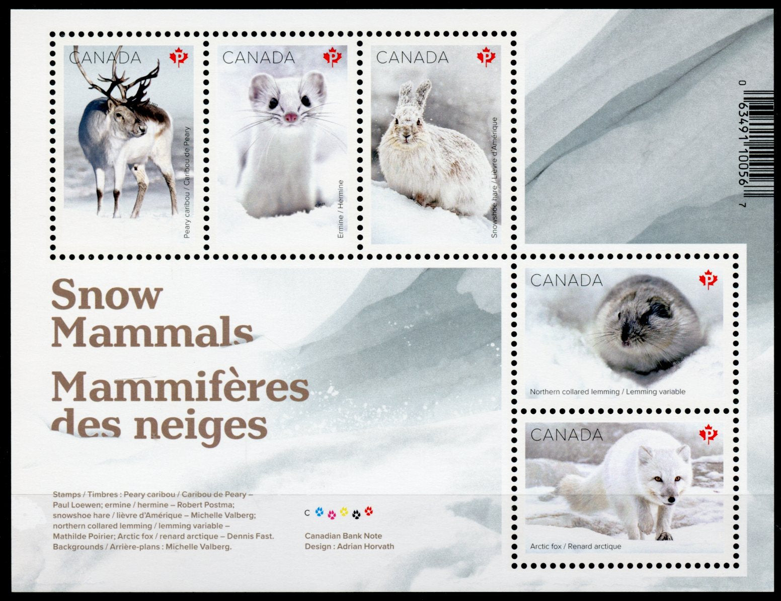 Canada 2021 MNH Wild Animals Stamps Snow Mammals Foxes Hares Ermine 5v M/S